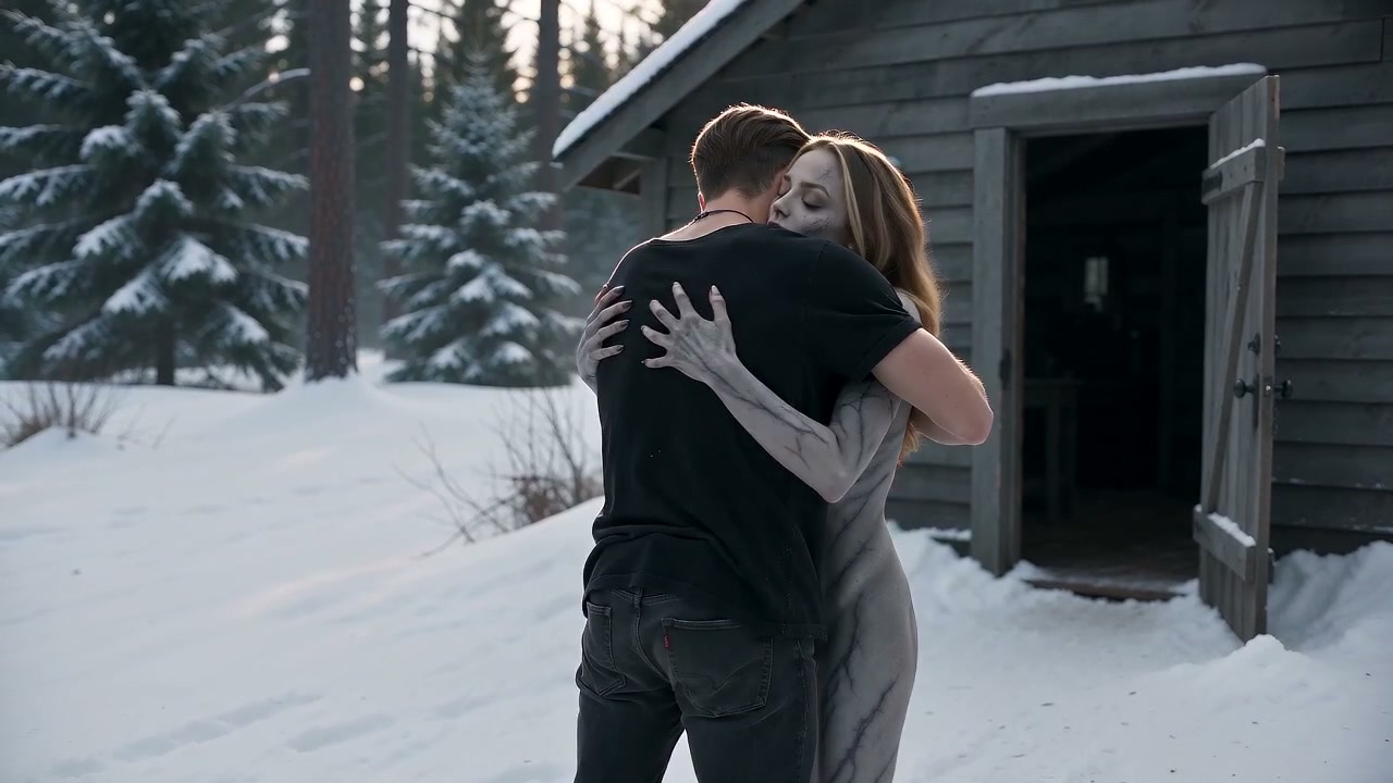 AI Zombie Trend example showing a winter reunion outside a cabin